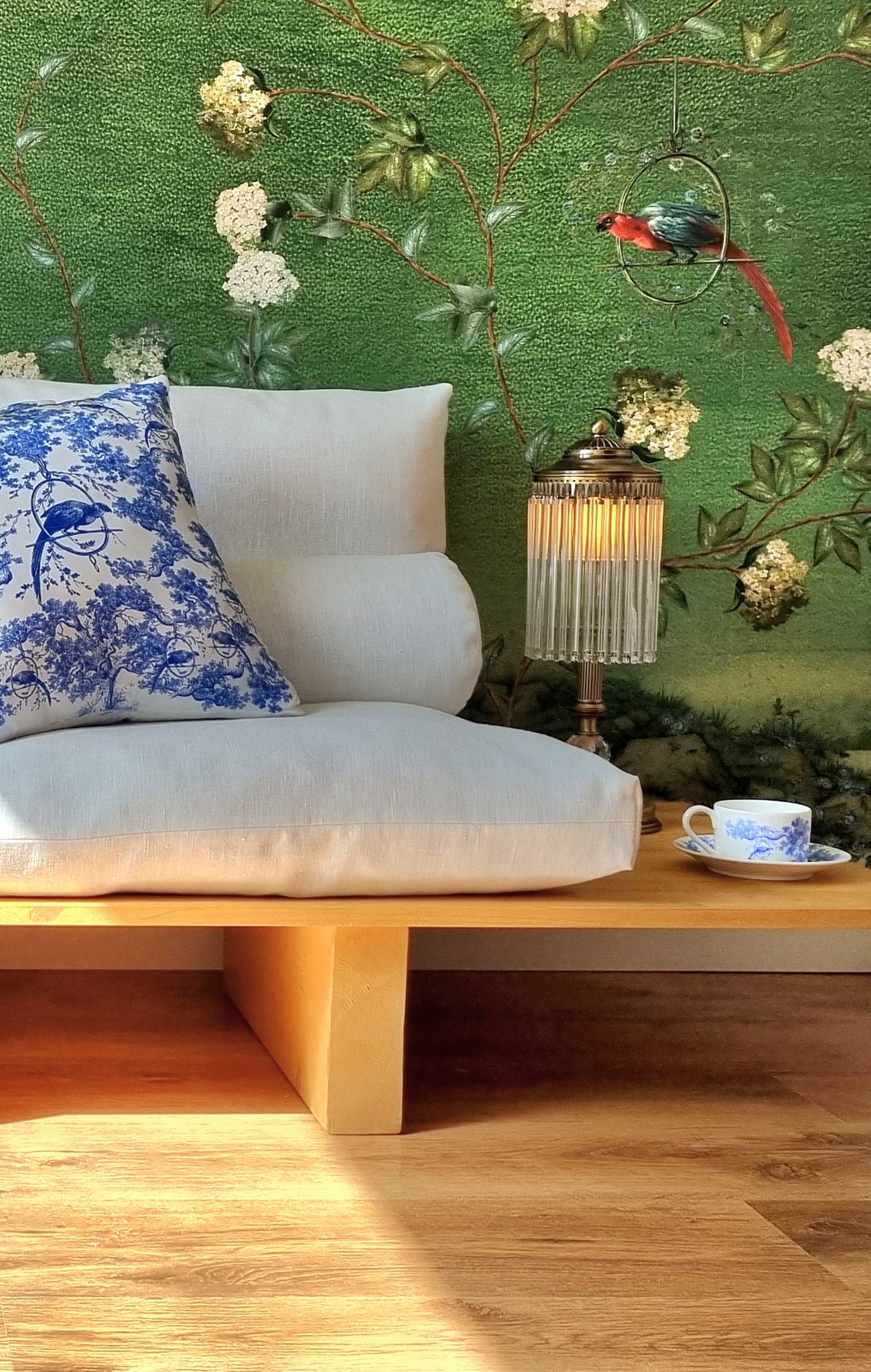 Toile de Jouy silk cushion cover ''Castlebird''