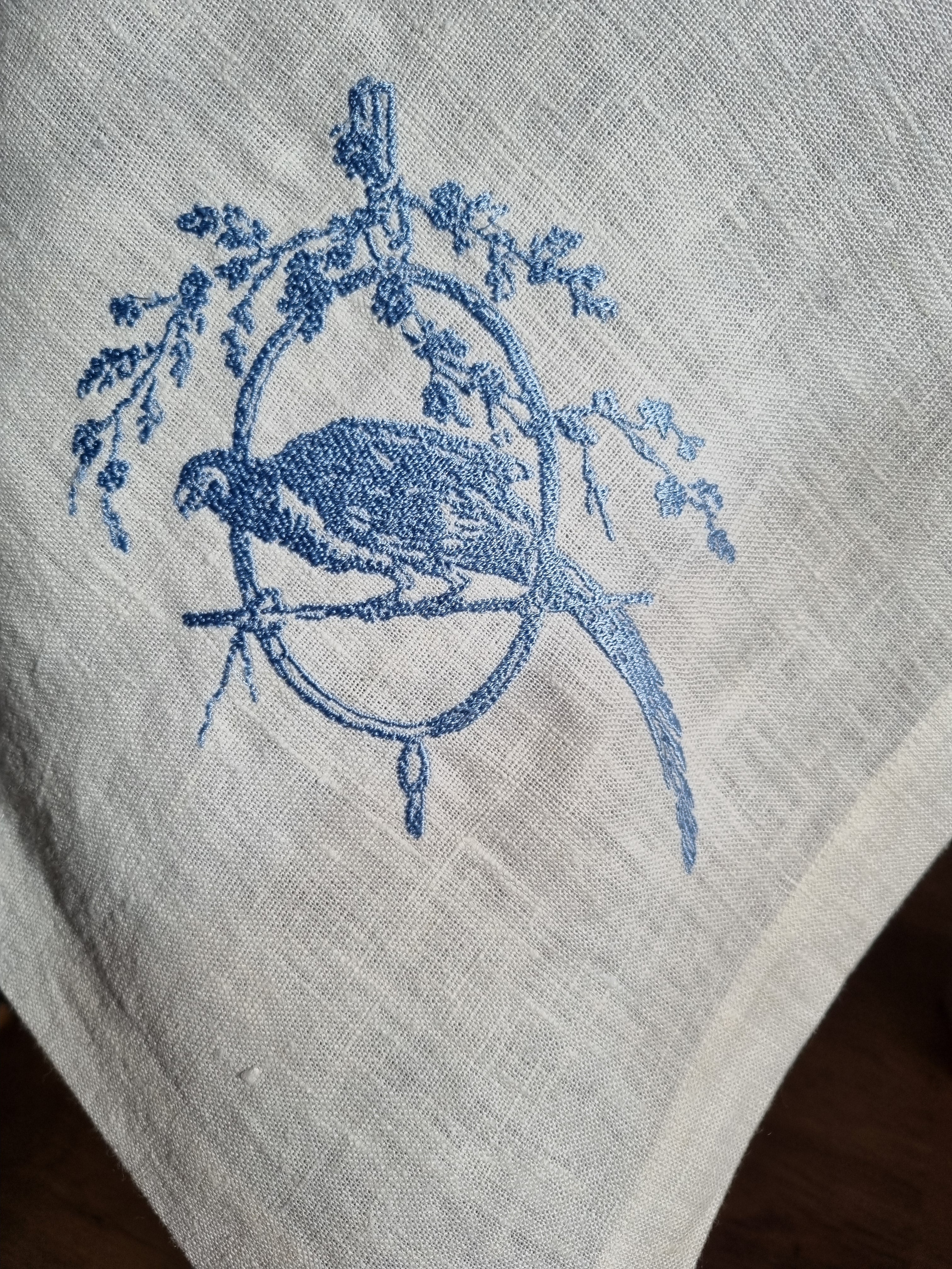 Pure Linen Tablecloth with Embroidered Parrots