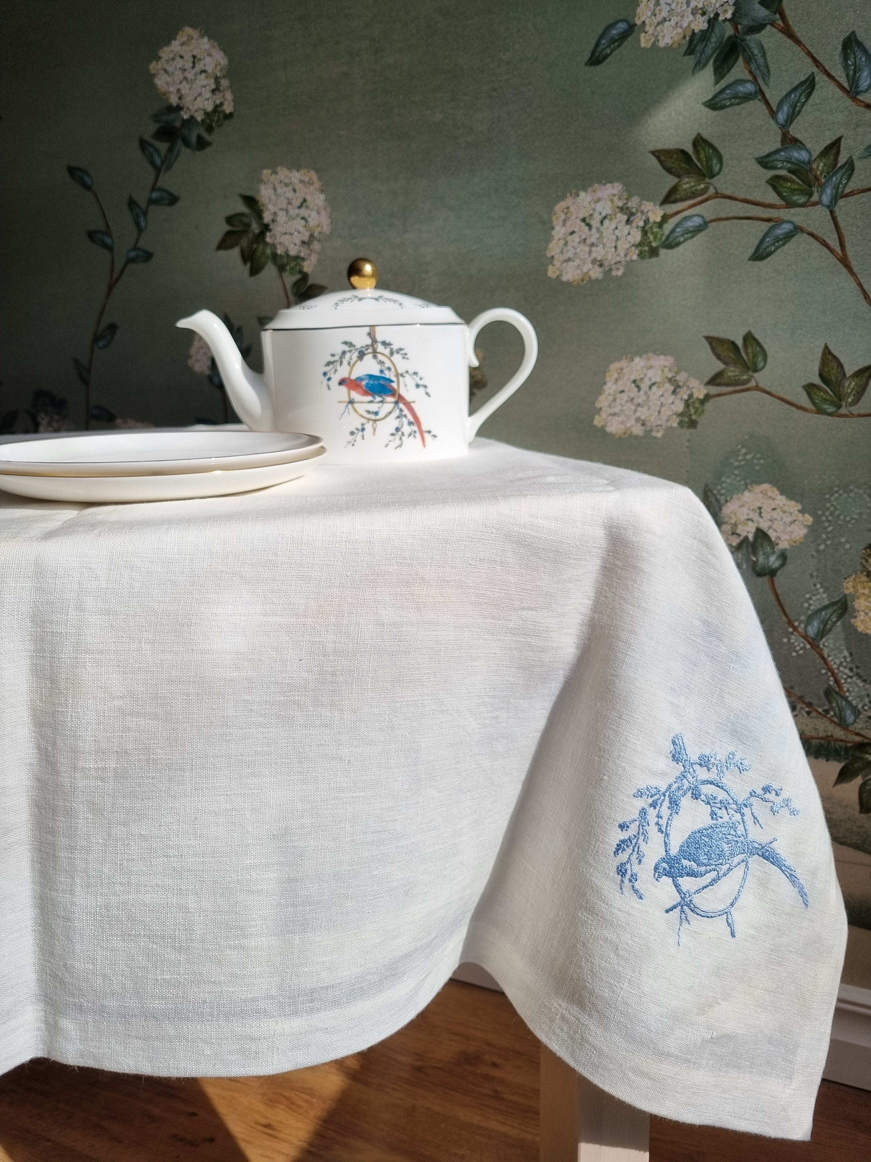Pure Linen Tablecloth with Embroidered Parrots